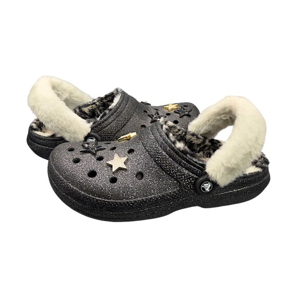Crocs Classic Lined Black Glitter Clogs W10 w/ Jibbitz Charms Cozy Fur Lining - Picture 1 of 10